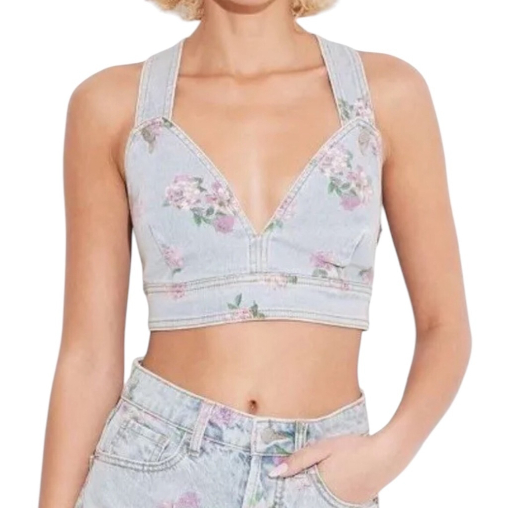 Wild Fable Floral Crop Blue Jean Top Size M